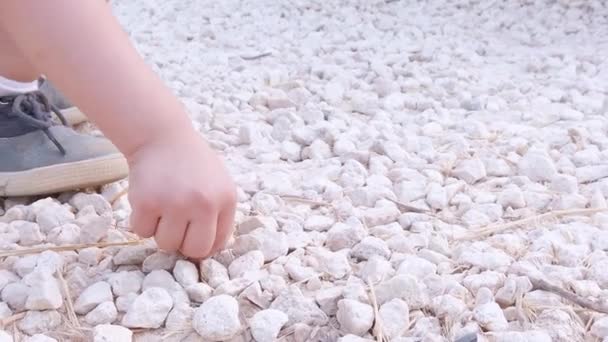 아장아장 걷는 아기들은 공원에 있는 작고 하얀 난로를 손으로 잡는다 — 비디오