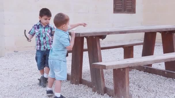 Kinder, zwei Jungen, Geschwister spielen mit kleinen weißen Steinen auf dem Holztisch im Freien — Stockvideo