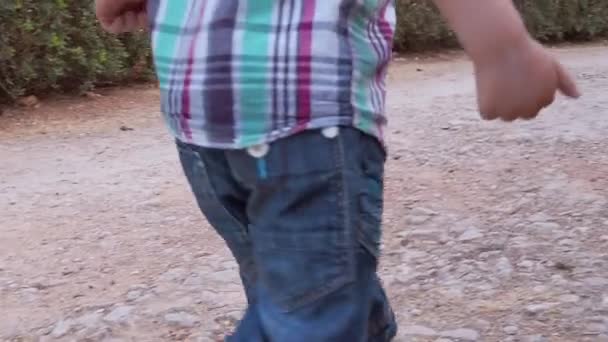 Симпатичный дошкольник в коротких джинсах и красочной рубашке, бегающей в парке. Замедленная съемка — стоковое видео