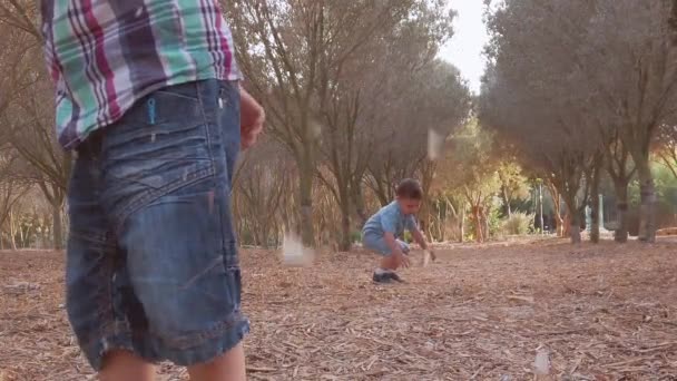 Nette Geschwister werfen trockenes Laub in den Park. Brüder haben Spaß in der Natur — Stockvideo