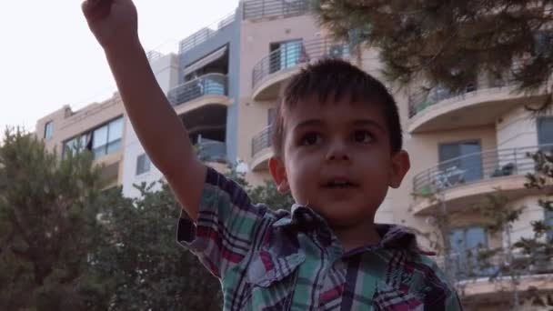 Un bambino in un ambiente urbano cammina vicino agli alberi con la mano destra sollevata e un bastone in esso — Video Stock