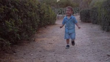 Gülümseyen küçük bir çocuk parkın içinde boxwood yolunda yürüyor.