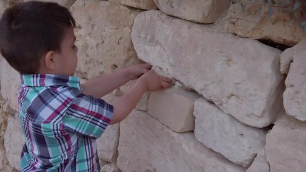 小さな男の子が彫刻された材料で作られた壁から石を取り出し、別の石はそれを引き出すことができません — ストック動画