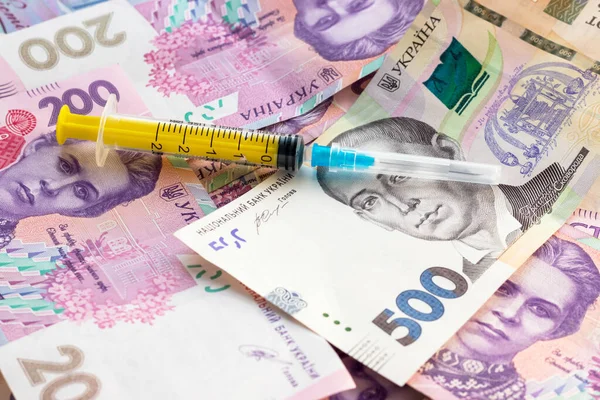 Syringe Pile Ukrainian Banknotes Sale Drugs Ocaine Heroin Ecstasy Illegal — Stock Photo, Image