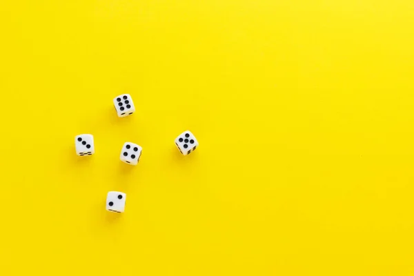 Five Dice Showing Different Sides Yellow Background Playing Cube Numbers — Stock Photo, Image