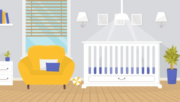 Schattig Babykamerinterieur Met Meubilair Wieg Voor Pasgeboren Zachte Fauteuil Nachtkastje — Stockvector