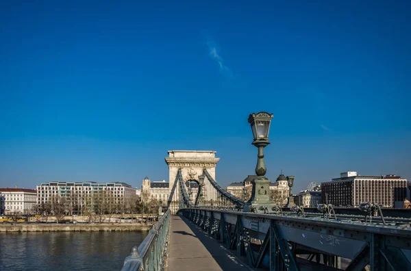 Budapeszt Węgry Marzec 2020 Zbliżenie Moście Łańcuchowym Szechenyi — Zdjęcie stockowe