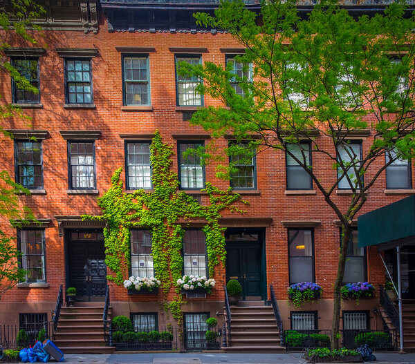 New York City, USA, May 2019, view of a red brick building in the Chelsea neighborhood