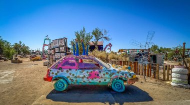 California, USA, Sept 30th 2024, view of a decorated car at East Jesus, an art installation at Slab City, an unincorporated alternative lifestyle community in the desert.