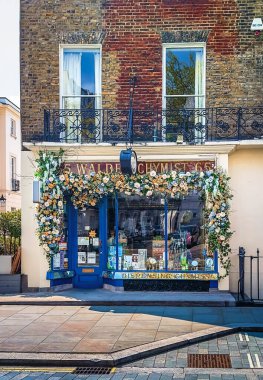 London, UK, April 27th 2025, view of the decorated Walden Chemist on Elizabeth Street in Belgravia district, City of Westminster.