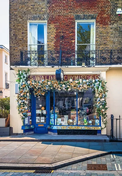 London, UK, April 27th 2025, view of the decorated Walden Chemist on Elizabeth Street in Belgravia district, City of Westminster.