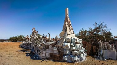 California, USA, Sept 30th 2024, view of an art display at East Jesus, an art installation at Slab City, an unincorporated alternative lifestyle community in the desert.