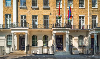 London, UK, Aug 18th 2025, view of the Bolivia embassy building on Eaton Square in Belgravia district, City of Westminster.