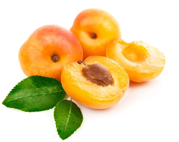 Fresh apricots in section with green leaves — Stock Photo, Image