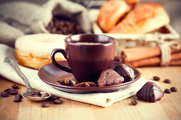 Cup coffee with grain and croissants — Stock Photo, Image