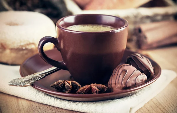 Cup coffee with grain and croissants — Stock Photo, Image