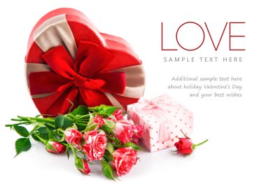 Gift with bunch roses on valentines day clipart