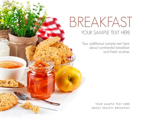 Breakfast with tea jam and fresh cookies — Stock Photo, Image