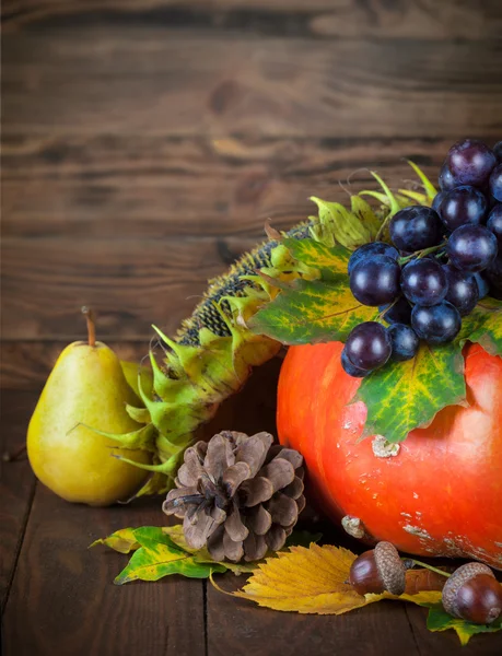 Composizione autunnale con zucca e uva sulla tavola di legno — Foto Stock