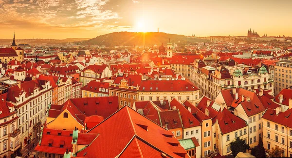 Vue de dessus à l'horizon des toits rouges de la ville de Prague Images De Stock Libres De Droits