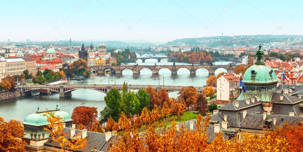 landscape view to Charles bridge on Vltava river in Prague
