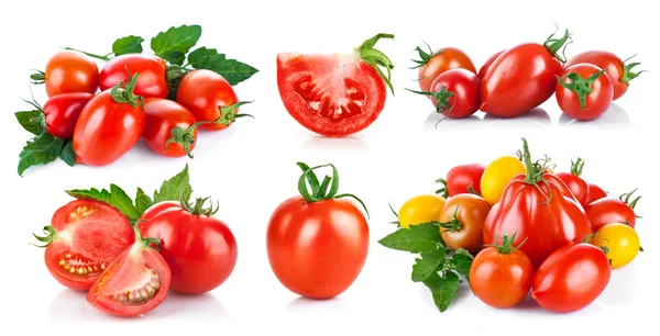 Set fresh tomatoes with green leaf — Stock Photo, Image