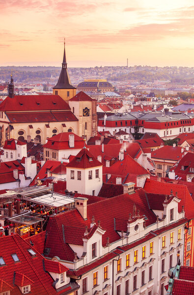 Top view to red roofs skyline of Prague city Czech republic