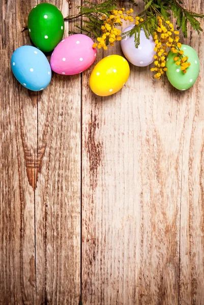 Easter eggs with bunch mimosa copyspace — Stock Photo, Image