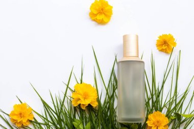 terapi ilk serum tonerleri doğal kozmetik sağlık hizmetleri yaşam tarzı kadınının güzelliği ve kozmos çiçek düzenleme düzleştirici düz arka planda beyaz yatıyordu.