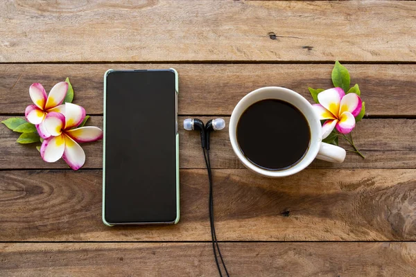 Mobile Phone Hot Coffee Flowers Frangipani Lifestyle Relax Arrangement Flat — Stock Photo, Image