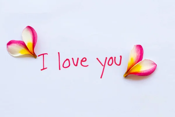 Love You Message Card Handwriting Flowers Frangipani Arrangement Hearts Flat — Stock fotografie