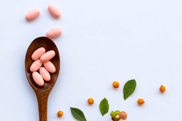 Pílulas Cálcio Suplemento Dietético Para Arranjo Cuidados Saúde Flat Lay — Fotografia de Stock