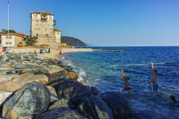 Ouranopoli Yunani Agustus 2019 Menara Tua Kota Ouranopoli Athos Chalkidiki — Stok Foto