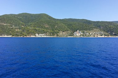 Athos Dağı 'nın Kutsal Dağ Özerk Manastırı manzarası, Chalkidiki, Yunanistan