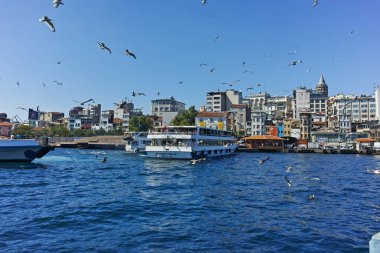 İSTANBUL, TURKEY - 26 Temmuz 2019: İstanbul, Türkiye 'de Boğaz ve Altın Boynuz Panoraması