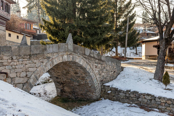 KOPRIVSHTITSA, BULGARIA - JANUARY 25, 2020: Kalachev Bridge, known as The First Rifle Shot Bridge in Koprivshtitsa, Sofia Region, Bulgaria