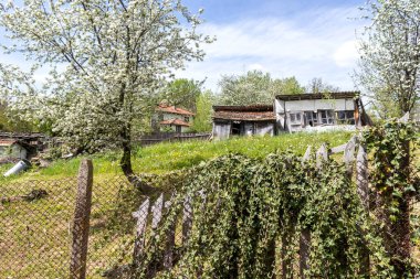 Bulgaristan 'ın Gabrovo bölgesinin tarihi Bozhentsi köyündeki tipik sokak ve eski evler