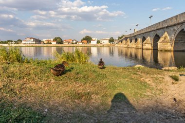 SVILENGRAD, BULGARIA - 19 Temmuz 2020: Maritsa Nehri üzerindeki 16. yüzyıl Mustafa Paşa Köprüsü (Eski Köprü) Bulgaristan 'ın Haskovo Bölgesi, Svilengrad kentindeki