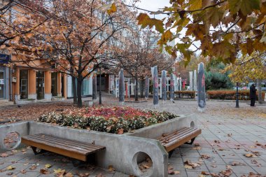 MONTANA, BULGARIA - 22 Kasım 2020: Bulgaristan 'ın Montana kentinin merkezindeki tipik bina ve cadde