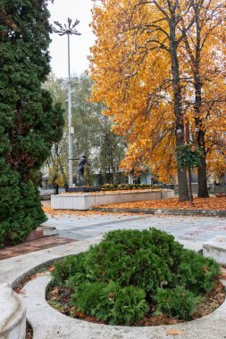 MONTANA, BULGARIA - 22 Kasım 2020: Bulgaristan 'ın Montana kentinin merkezindeki tipik bina ve cadde