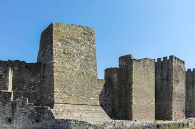 SMEDEREVO, SERBIA - 12 Ağustos 2019: Sırbistan 'ın Smederevo kentindeki Tuna Nehri kıyısındaki Smederevo Kalesi kalıntıları