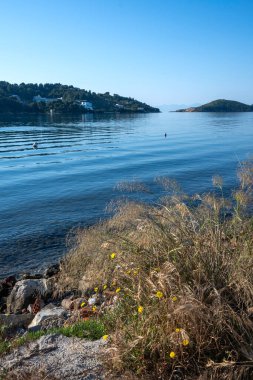 Skiathos Town, Sporades, Thessaly, Yunanistan 'ın sahil sokağından Panorama