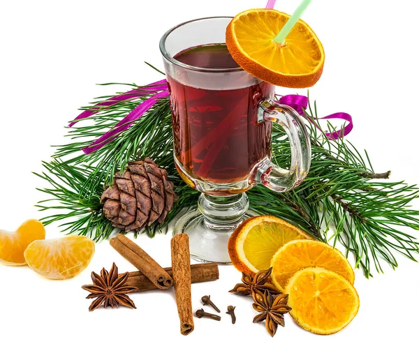 Hot Delicious Drink Mulled Wine Cardamom Orange Cold Winter — Stock Photo, Image