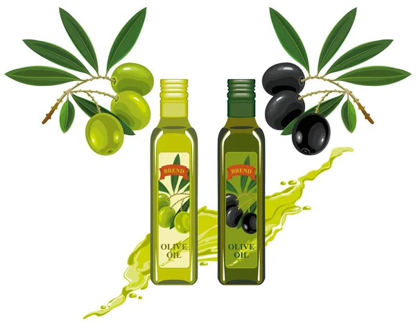 Grüne Schwarze Reife Oliven Köstliches Gelbes Olivenöl — Stockvektor