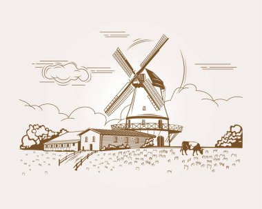 a village mill for grinding grain around a field with wheat at the cow house