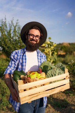 Çiftçi bir kutu sebze tutuyor. Sonbahar hasadı.