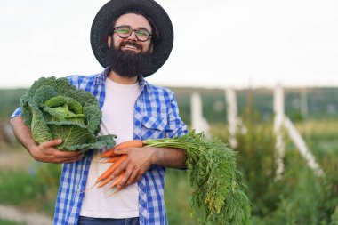 Sebzeli çiftçi. Sonbahar hasadı.