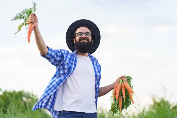 Щасливий чоловік тримає в руках купу моркви — стокове фото