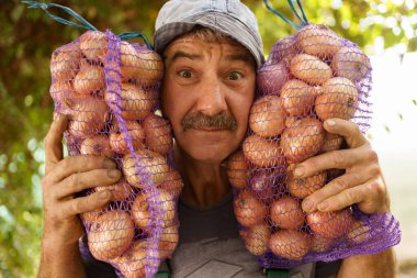 Farmer portrait with sacks of onions clipart