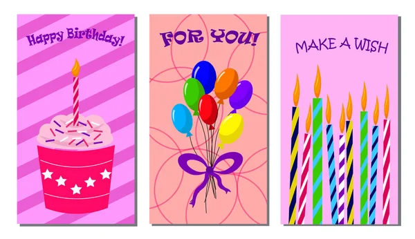 Geburtstagskuchen. Muffins, Kerzen, Luftballons. Vorlage: Postkarte. — Stockvektor